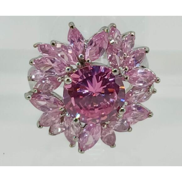 Vintage Ring Size 7 Silver Tone White Gold GP Pink CZ Diamond Cocktail - Picture 7 of 10